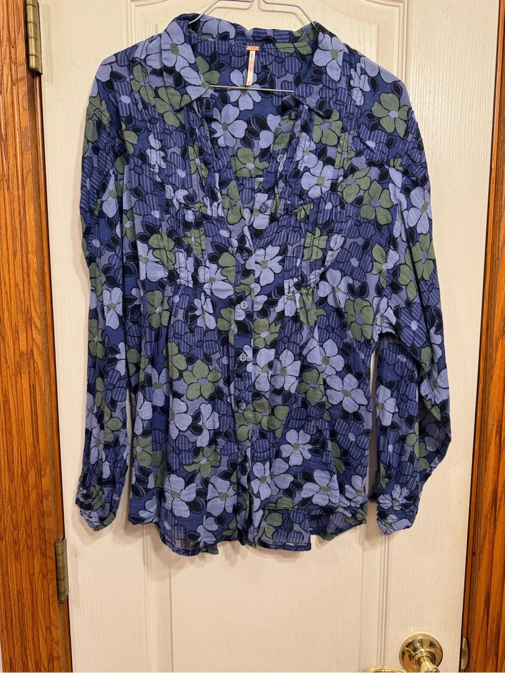 Free People Navy Floral Button-Down Shirt with Olive Accents